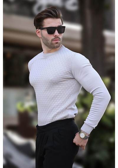 Madmext Gri Desenli Erkek Triko Kazak 7266 Gri