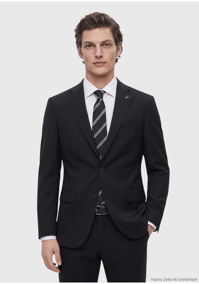 Ramsey Siyah Düz Modern Fit Yün Karışımlı Takım Elbise