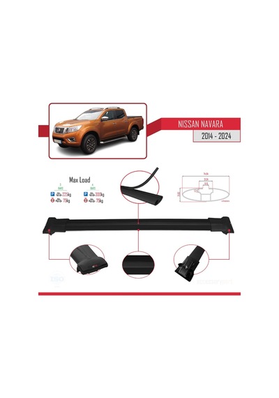 Nissan Navara 2014 Ve Sonrası İle Uyumlu Fly Model Ara Atkı Tavan Barı Siyah 3 Adet Bar