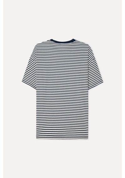 Mudo Kadın Kadın Lacivert Çizgili Oversize Bisikelt Yaka T-shirt 1271429