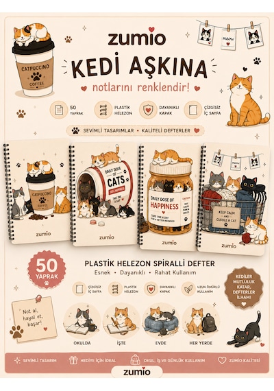 Zumio Kedi Temalı 4'lü A5 Çizgisiz Defter Seti 50 Yaprak Düz