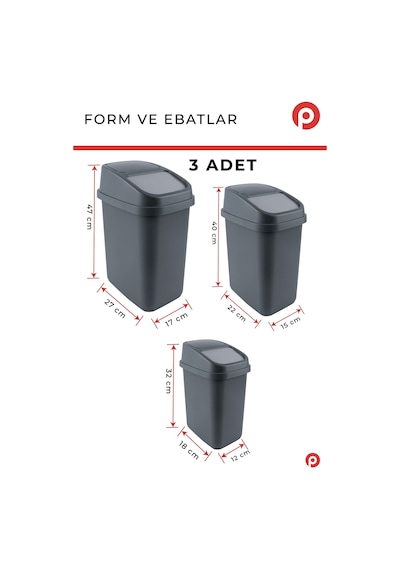 3'lü Çöp Kovası Seti 5+10+17 Litre - Banyo, Mutfak Ve Ofis Tipi Kapaklı Çöp Kovası Takımı - Antrasit Antrasit - Gri