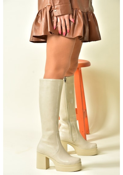 Fox Shoes Bej Kalın Tabanlı Kadın Çizme N996650009 Bej