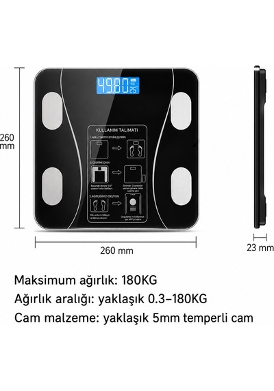 Akıllı Bluetooth Baskül Vücut Analiz Tartısı Dijital Yağ Kas Bmı Su Oranı Ölçer 180 Kg Temperli Cam