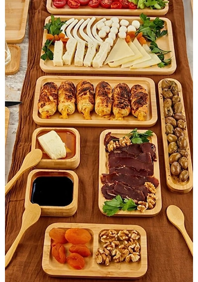 32 Parça Bambu Serisi Kahvaltı Seti 6 Kişilik Bambu Kahvaltı Takımı Sunum Servis Set Bambu Set Kahverengi