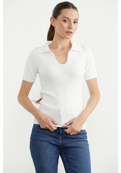 Polo Yaka Basic Triko Tişört - Beyaz