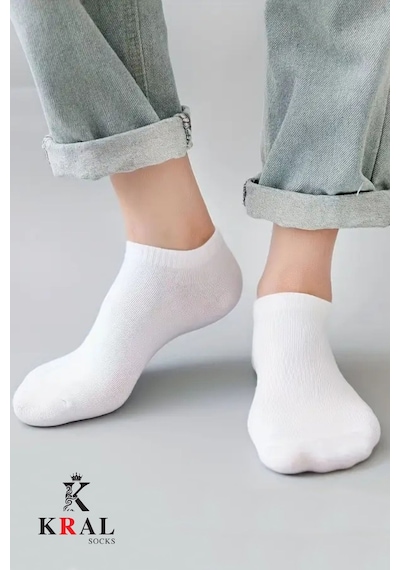 Kral Socks Kadın - Erkek 10 Çift Düz Desen Ekonomik Bilek Boy Patik Çorap Beyaz