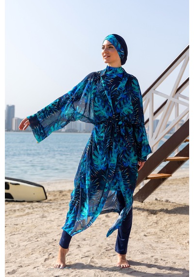 Remsa Mayo Remsa Tesettür Mayo Üzerine Tek Kaftan Kimono Pareo Rp009 Tropikal Lacivert
