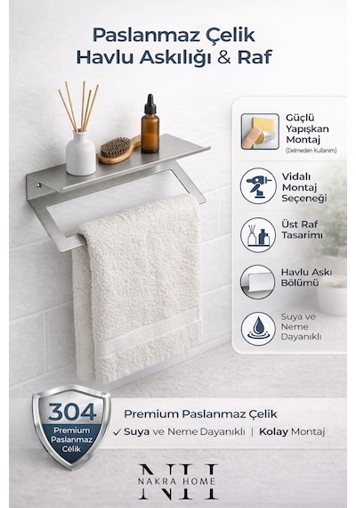Raflı Havlu Askılığı Paslanmaz Çelik Yapışkanlı Vidalı Banyo Raflı Havluluk Inox