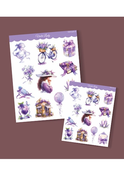 Violet-mor Lady- Ajanda Defter Süsleme-vintage Sticker Set Mat Kağıt-2li Etiket Seti-journal Süsleme Beyaz