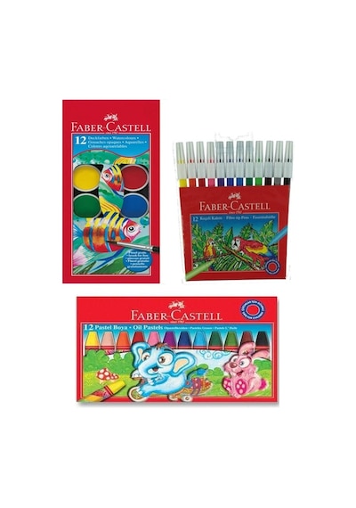 Faber Castell Pastel Boya 12 Li - Keçeli Boya Kalemi 12 Li - Sulu Boya 12 Li - 3 Lü Set 12renk