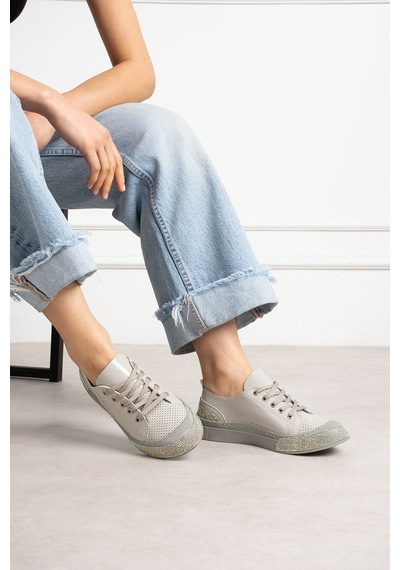 Shoetek Sawex Kadın Sneakers Bağcıklı Taşlı Spor Ayakkabı Gri Deri