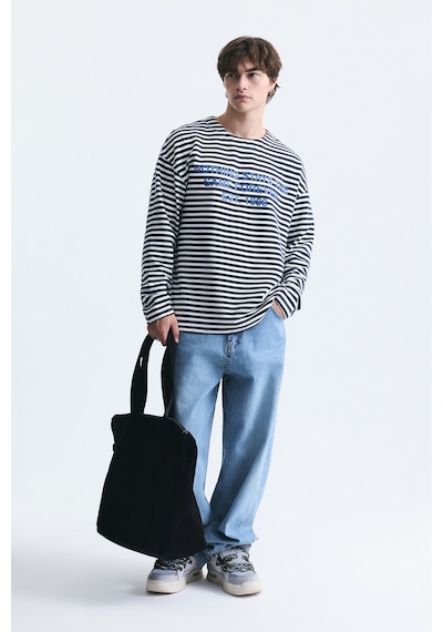 Vamos Oversize Çizgili Sweatshirt Ekru-siyah