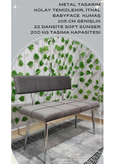 Özcan Metal Metal Sırtlı Krom Gri Bench Mutfak Salon Antre Yatak Odası Puf Bank Oturak Metal Puf Gri