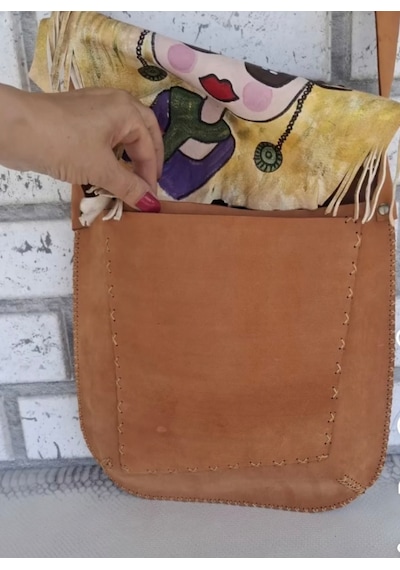 Frida Konseptli Hakiki Deri Tasarım El Yapımı Çanta Açık Camel - Çok Renkli