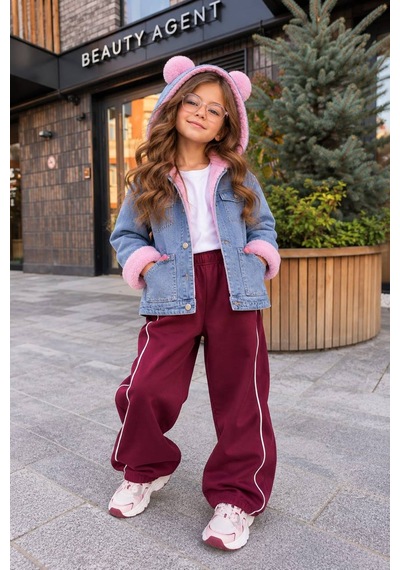 Toikids Kız Çocuk Kapüşonlu İçi Peluş Kürklü Kot Mont Kaban / Tek Parça Açık Pembe
