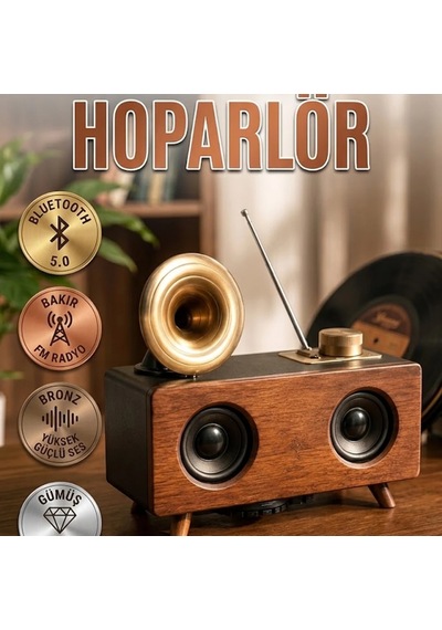 Nostaljik Gramofon Tasarımlı Bluetooth Stereo Speaker Çift Hoparlörlü 3d Ses Sistemi