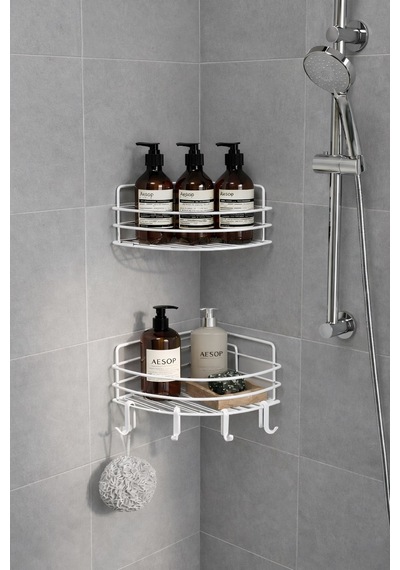 Sas Haus   Tek Katlı Köşe Duş Rafı Kancalı Banyo Şampuanlık & Organizer 2 Adet Beyaz Tk-01 beyaz