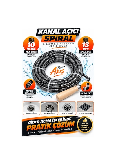 13 Mm 10 Metre Kanal Açıcı Spiral Ahşap Saplı Manuel Gider Açma Teli, Lavabo Ve Boru Temizleme S