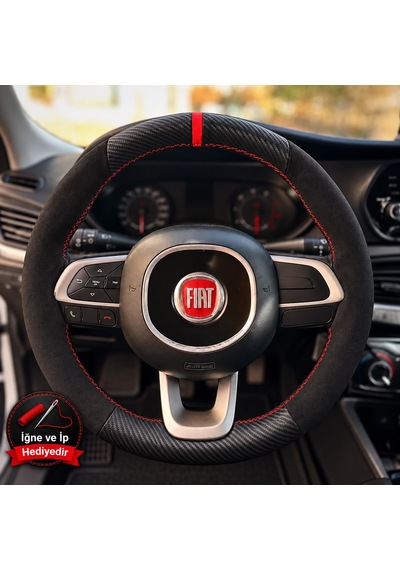 Fiat Pratico Dikme Direksiyon Kılıfı Alcantara Süet Mat Karbon Kırmızı Yüzük Ve Dikiş 2015-2022