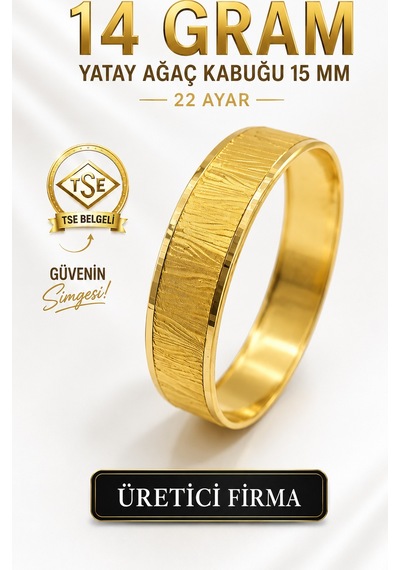 22 Ayar Tse Belgeli 14 Gram Yatay Ağaç Kabuğu 15 Mm Ajda Altın Bilezik İşçiliksiz Yatırımlık