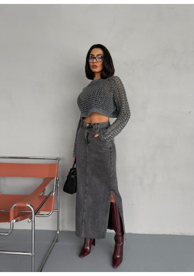 Zeo Basic Yanlardan Yırtmaçlı Füme Jean Maxi Etek Siyah/Füme