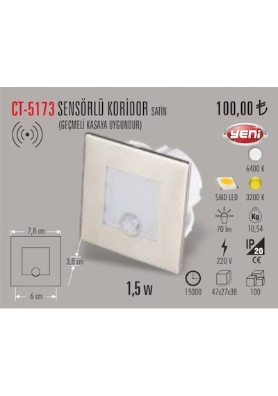 Cata Ct-5173 1,5W Sensörlü Spot Koridor Aydınlatma Armatür(472531715)