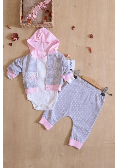 Sitilin Kız Bebek Tavşan 3 Lü Kapişonlu Bebek Takım Seti Stl6418 Gri - Pembe