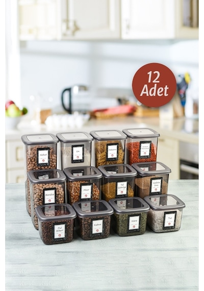 12'li Set Etiketli, Kırılmaz Kare Erzak Saklama Kabı Antrasit 4x 1,75 Lt/1,2 Lt/0,55 Lt Antrasit