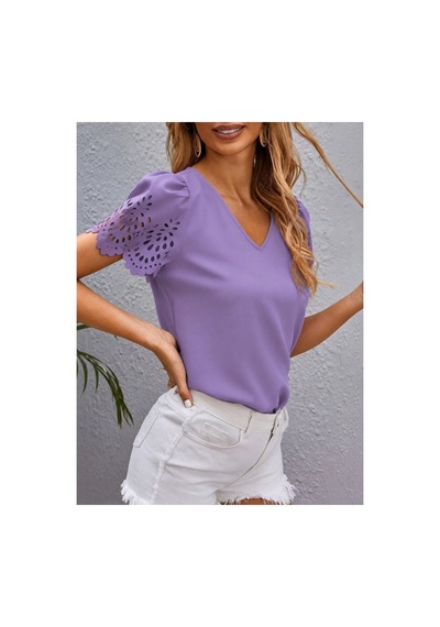 Butik İstanbul Kadın Kısa Kollu V Yakalı Kolu Dantelli Dubai Bluz Lila