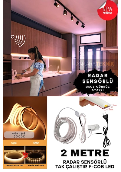 Ankara Teknik Sensörlü Günışığı F- Cob Neon Led / Yüksek Lümen/ Dolap Alcıpan Tavan Led 2 Metre
