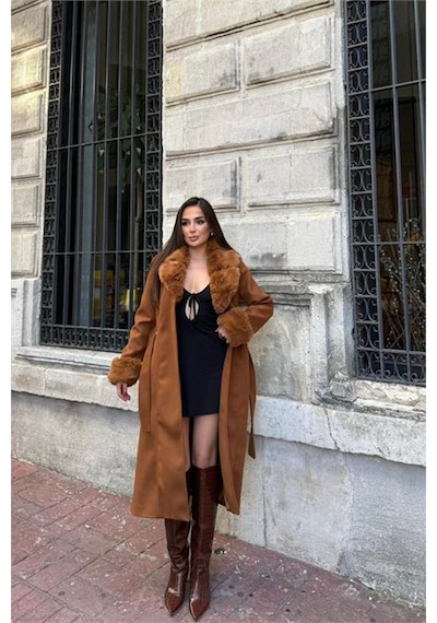 Dip Moda Neşeli Butik Kadın Taba Bilek Ve Yaka Kürk Detaylı Tam Boy Kaşe Kaban Nbstr1033