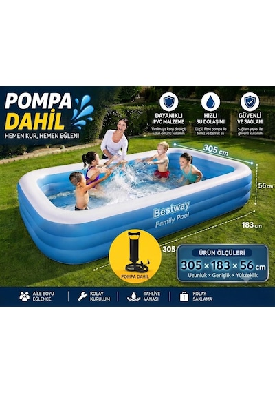 Bestway Havuz 305x183x56cm Jumbo Dikdörtgen 54009 + Pompa Mavi