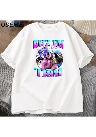 Flood Of Style Rizz Em İle Tism Komik T Shirt Erkekler Vintage Rakun Bootleg T-shirt Otizm Tees Kısa Kollu P Beyaz