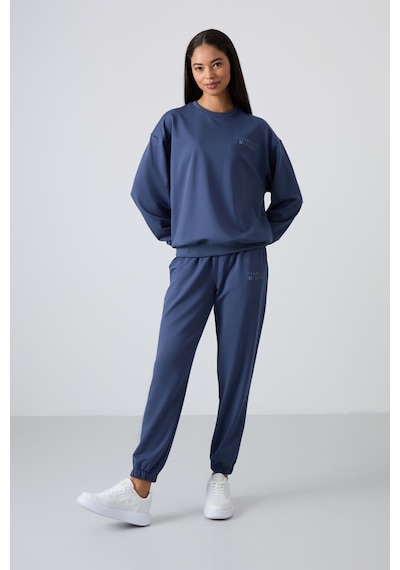 Tommy Life Petrol Basic Pamuklu O Yaka Oversize Lastik Paça Kadın Eşofman Takım - 95287 Petrol