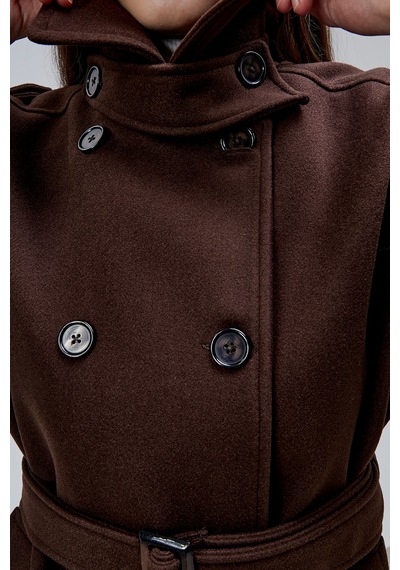 Acı Kahve Kuşaklı Oversize Kaşe Kaban 44577 Kahverengi