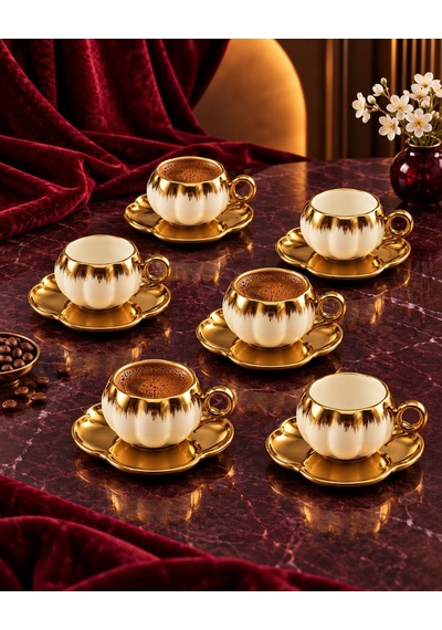 Valkyrie 6 Kişilik Beyaz Gold Balkabağı Model Türk Kahvesi Fincan Takımı 12 Parça 80 Ml Çeyizlik Byz