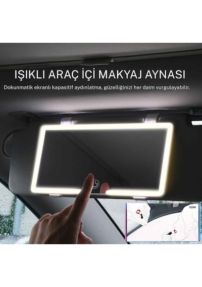 Techtic Araç İçi Led Işıklı Makyaj Aynası Dokunmatik Şarjlı 3 Modlu Hd Güneşlik Aynası 23,5-12,7 Cm Beyaz