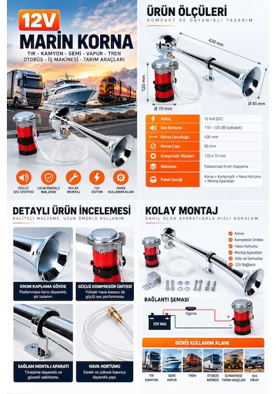 Marin Tip Korna 12v Tır Kamyon Gemi Vapur Tren Havalı Korna Kompresörlü