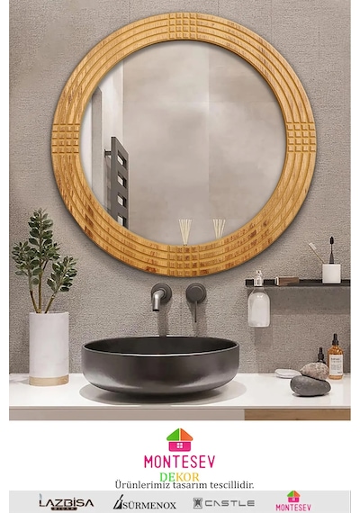 Safir Ahşap Dekoratif Ayna Yuvarlak Ayna Işlemeli Ahşap Duvar Aynası - 43 Cm Ceviz