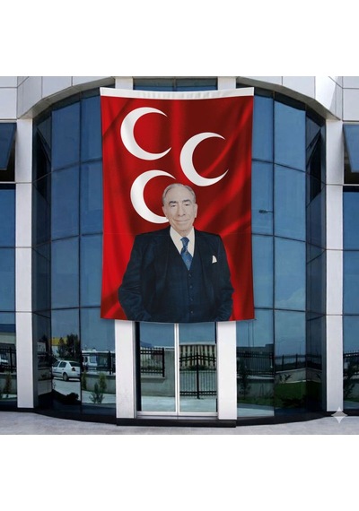 Alparslan Türkeş Ve 3 Hilal Kırmızı Sancak Bayrağı 140gr Premium Raşel Kumaş 400x600cm Diğer