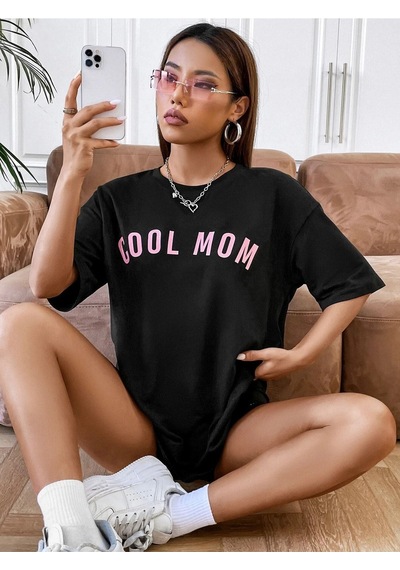 Cool Mom T-shirt - Siyah Baskılı Oversize Bisiklet Yaka Kısa Kol Tişört SIYAH