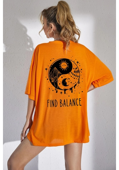 Unisex Yin & Yang Baskılı T-shirt Turuncu