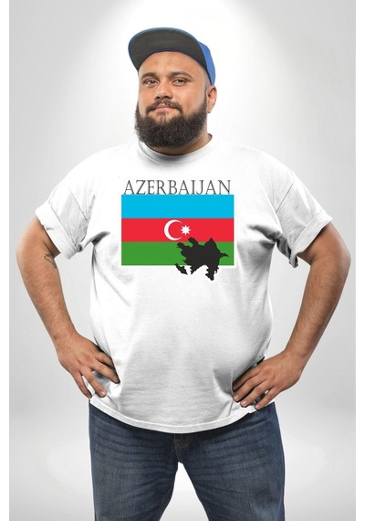 Angemiel Azerbeycan Bayrak Ülke Beyaz Büyük Beden Kadın Erkek Ünisex Basic Ön Baskılı Tişört Beyaz