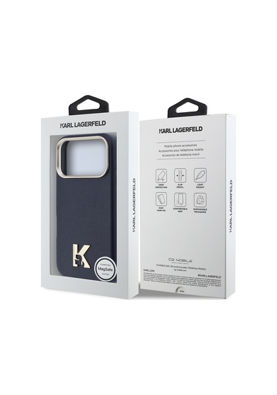 Apple Uyumlu iPhone 17 Pro Kılıf Lisanslı M-safeli Gold Kamera Çerçeve Khead Metal Logolu Pu Deri Kapak Lacivert