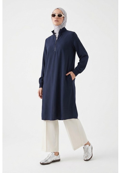 Armine Trend Yarım Fermuarlı Kolları Lastikli Çilek Kumaş Tunik Lacivert 26yt462