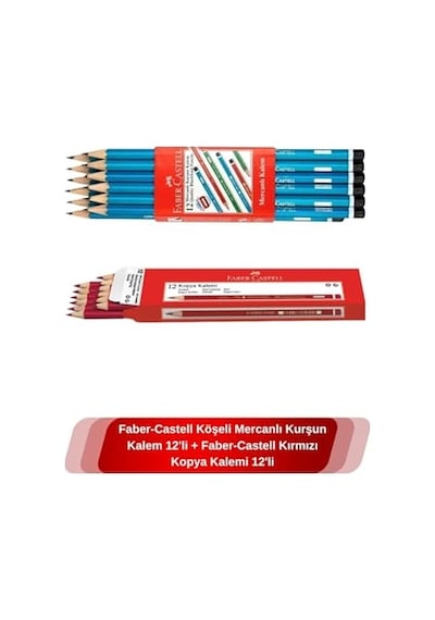 Faber Castell Köşeli Mercanlı Kurşun Kalem 12'li + Faber-castell Kırmızı Kopya Kalemi 12'li 124-Pembe