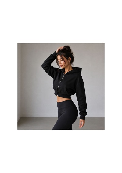 Herkesemoda Kadın Siyah Fermaurlı Kapüşonlon 2 İplik Şardonlu Crop Sweatshirt Siyah