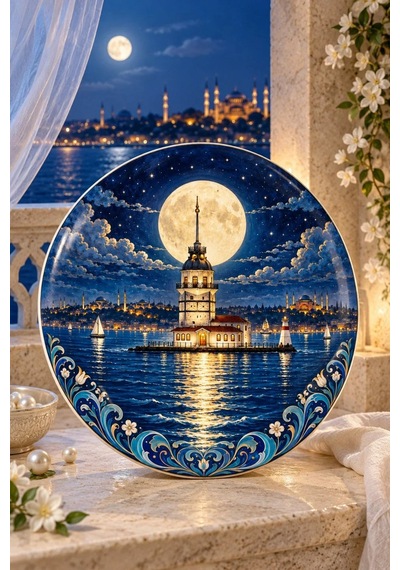 Dekoratif Duvar Tabağı Ay Işığında İstanbul Dekorlu Seramik Tabak Beyaz
