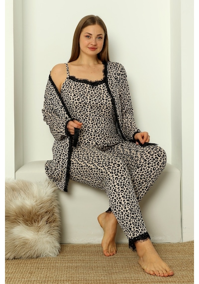 Nisanca Sabahlıklı Dantel Detaylı Pegasus Kadın Pijama Takımı-çeyizlik Takım- Geniş Beden Aralığı Leopar